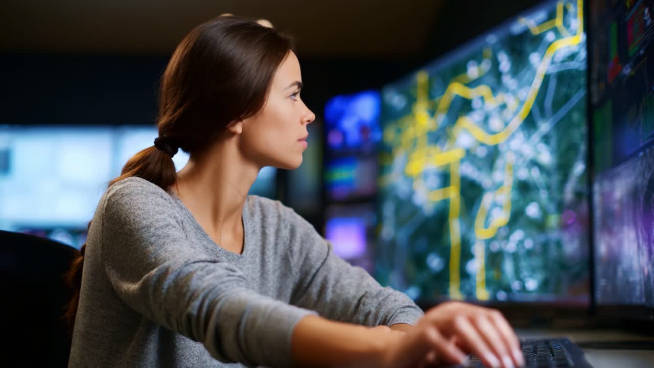 Focused woman working intently at a computer station, analyzing complex data on multiple screens in a high-tech environment showcasing maps and graphics