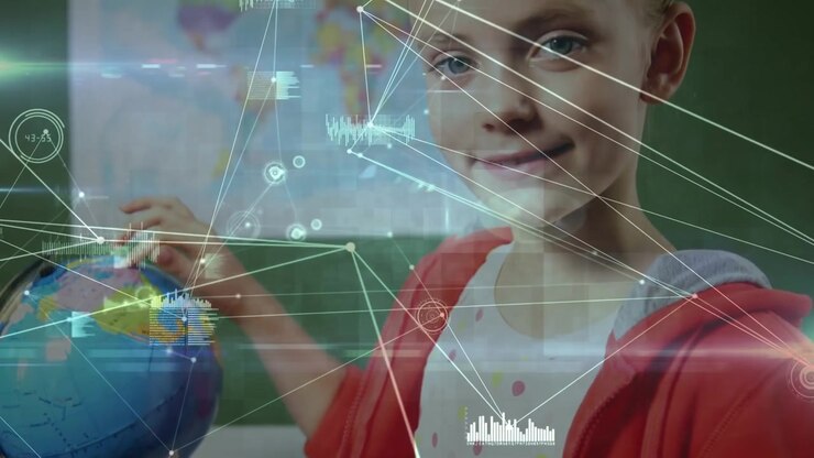 Animation of network of connections over caucasian girl touching a globe model at school