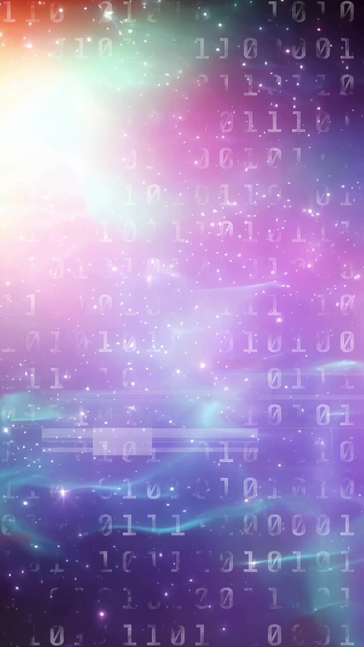 Vertical video: Upper-left flare appearing, nebula shifting while bits scrolling, visualizing data