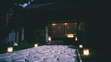 illuminated pathway leading to the grand shoguns residence in japan at night