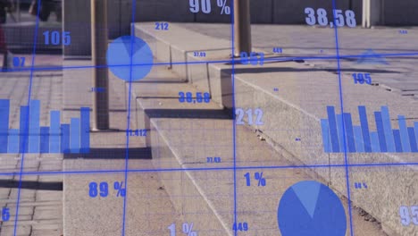 animation of financial data processing over people walking on stairs in city