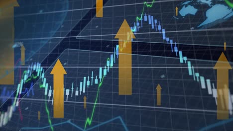 Orange-upward-arrows,-globe,-graphs-and-data-processing-on-black-background