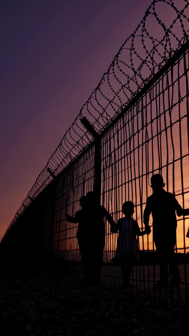 Silhouettes of Children and Adults by Barbed Wire Fence at Sunset