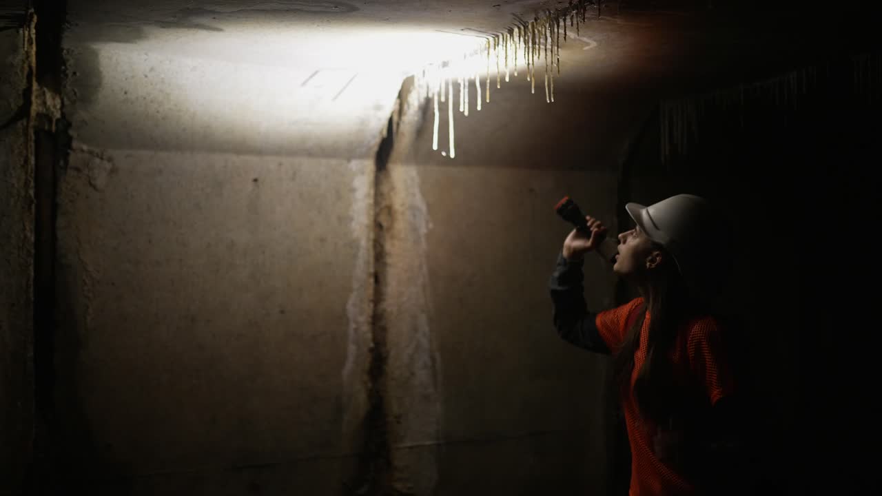 trabajador inspeccionando un túnel subterráneo oscuro