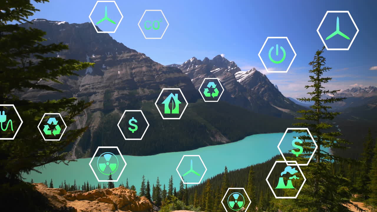 Eco hexagon icons floating above turquoise glacial lake and snowy mountain peaks in flat design