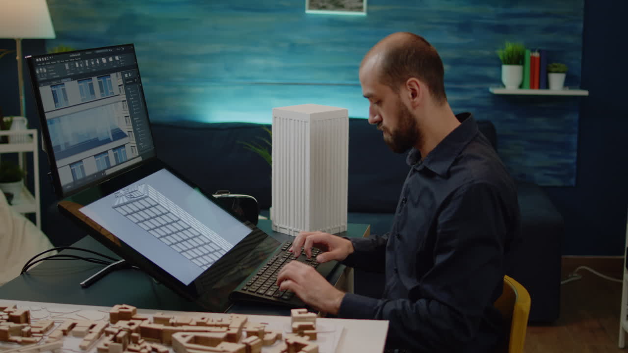 Young engineer holding maquette and working on building