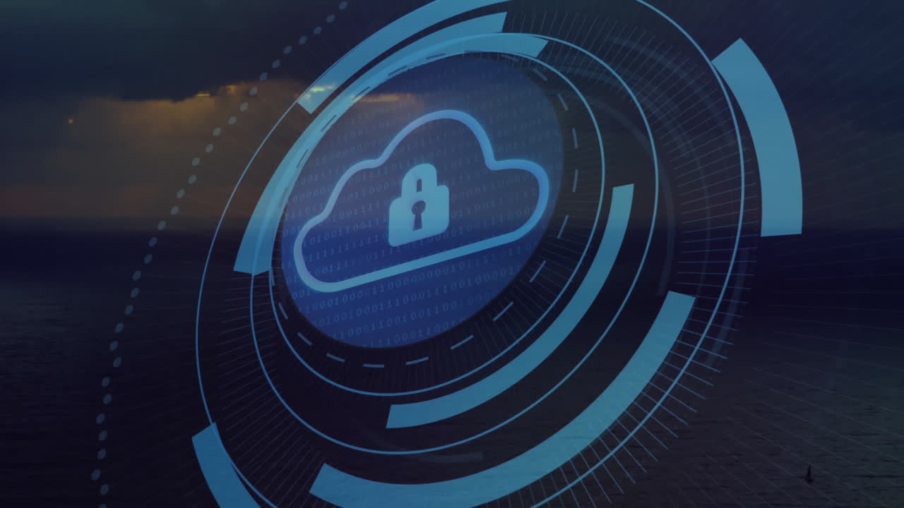 Blue cloud padlock floating over sea, glowing concentric rings orbiting icon, streaming binary code