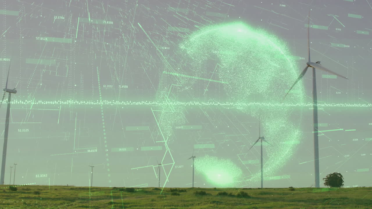 Wind turbine rotating on field while green data overlay streaming across digital globe in 3D render
