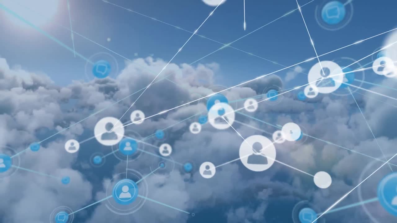 파란 하늘 배경에 쇼핑 카트와 사람 아이콘의 네트워크의 애니메이션