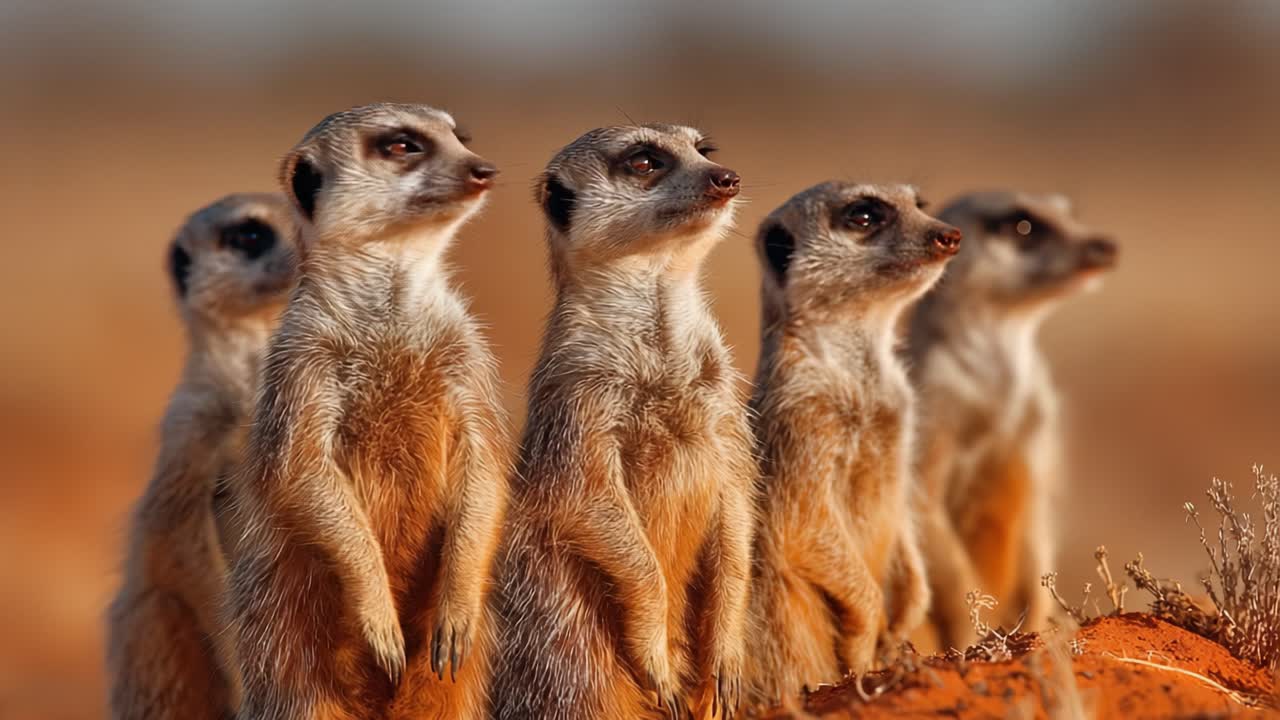 A Group of Meerkats Standing Together, Alert and Curious, Observing Their Surroundings in a Unique Display of Social Behavior and Vigilance in Their Natural Habitat