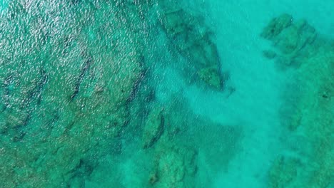 sensational establishing scenic view directly above samana wreck dive site in turquoise transparent ocean sea water by tropical island of barco hundido las galeras, dominican republic, aerial approach