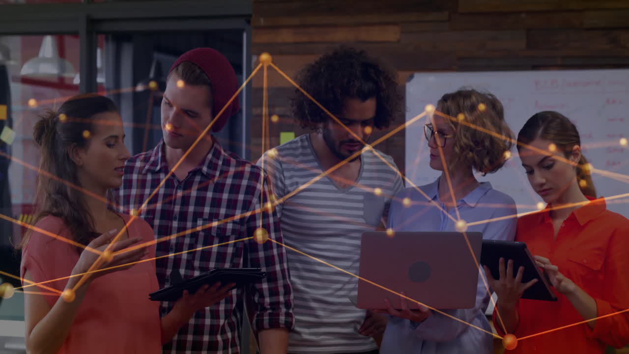 Animation of connections and data processing over diverse business people in office