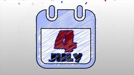 clean and exciting animated motion graphic of a calendar page revealing the 4th of july, in scribble style, with cartoon fireworks and small falling red white and blue stars