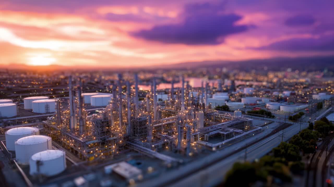 Complexe industriel au coucher du soleil : Vue aérienne d'une usine de traitement chimique avec des structures illuminées et un magnifique ciel de soirée se reflétant au-dessus.