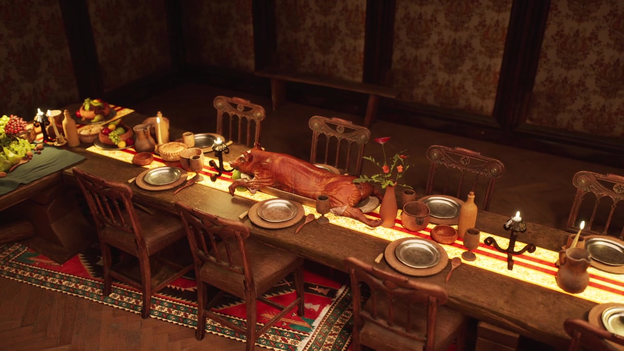 Feasting at a grand dining table with a roast pig centerpiece