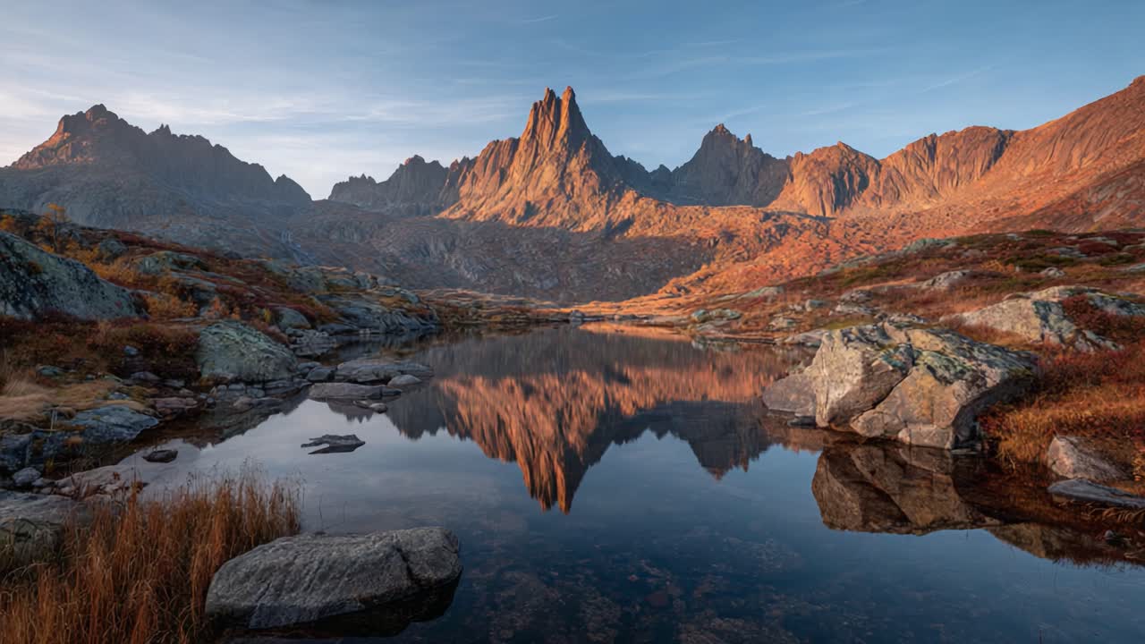Alba mozzafiato su un maestoso paesaggio montano che si riflette in un lago tranquillo, che mette in mostra gli splendidi colori della natura durante l'alba in una natura selvaggia incontaminata