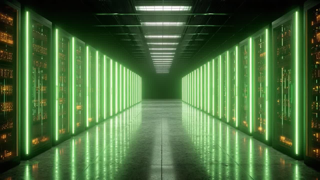 A Stunning View of a Modern Data Center's Aisle, Illuminated by Green LED Lights, Showcasing Advanced Server Technology and Cutting-Edge Infrastructure
