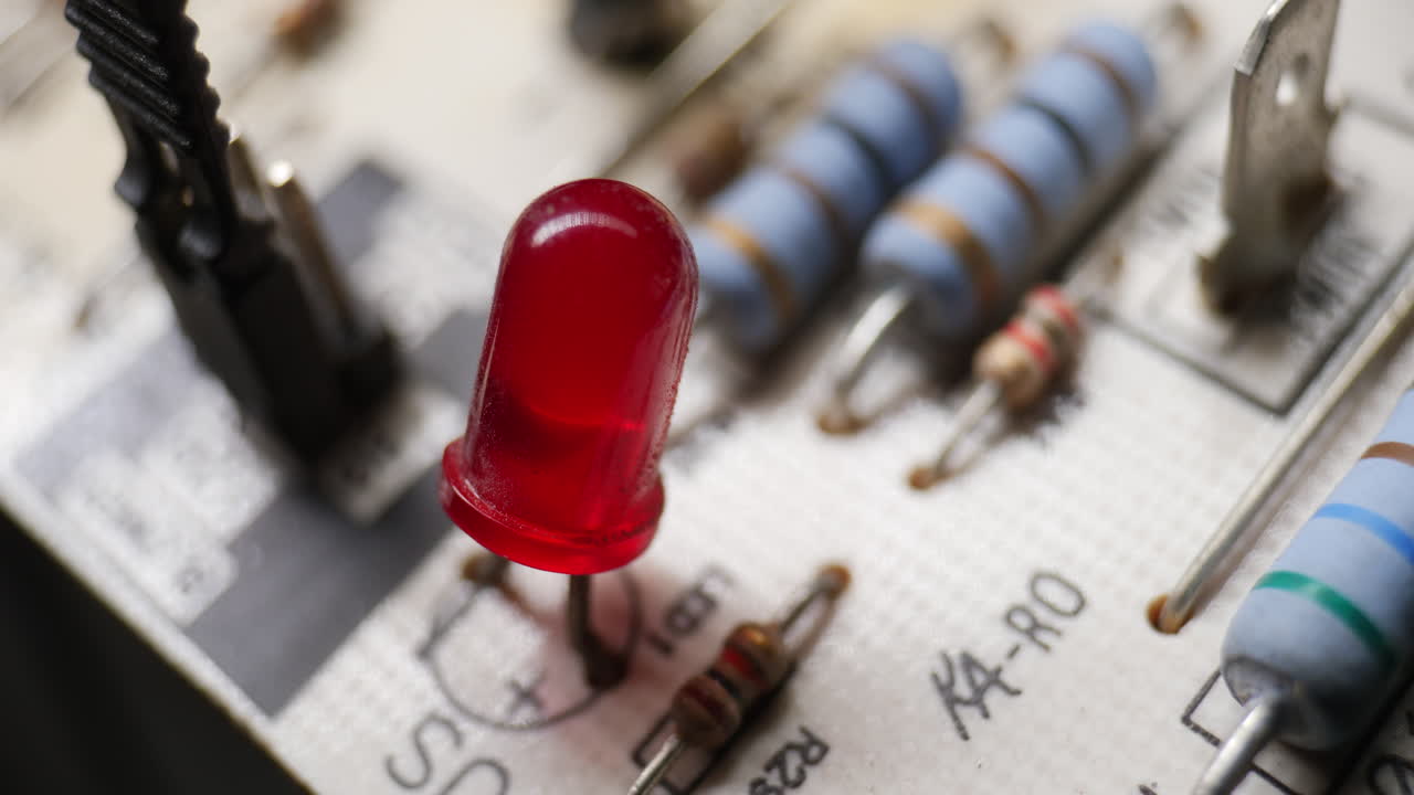 A red indicator led light diode on an old dusty circuit board with other electronic components