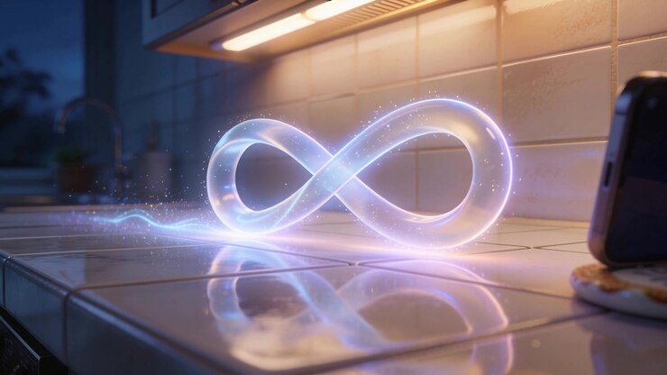 Forming infinity light form on kitchen counter, faint trail feeding sparks, phone on coaster