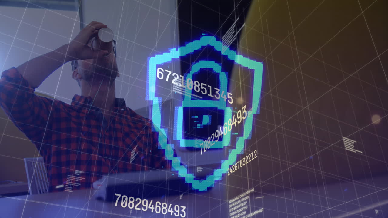 번호를 바꾸는 애니메이션, 사무실에서 커피를 마시는 백인 남성에 대한 보안 락 아이콘