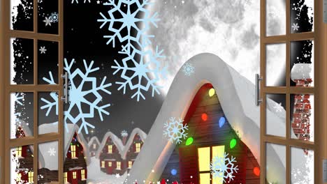 Animation-Der-Weihnachtlichen-Winterlandschaft-Und-Des-Fallenden-Schnees,-Gesehen-Durch-Das-Fenster