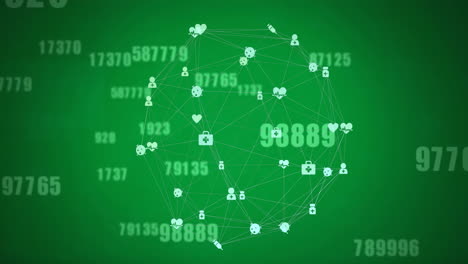 animation of data processing and network of connections with icons over green background