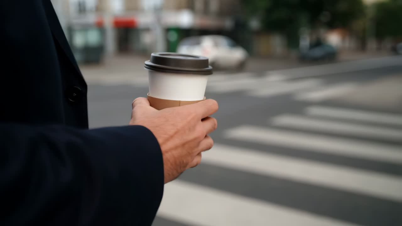 A person holding a coffee cup near a crosswalk