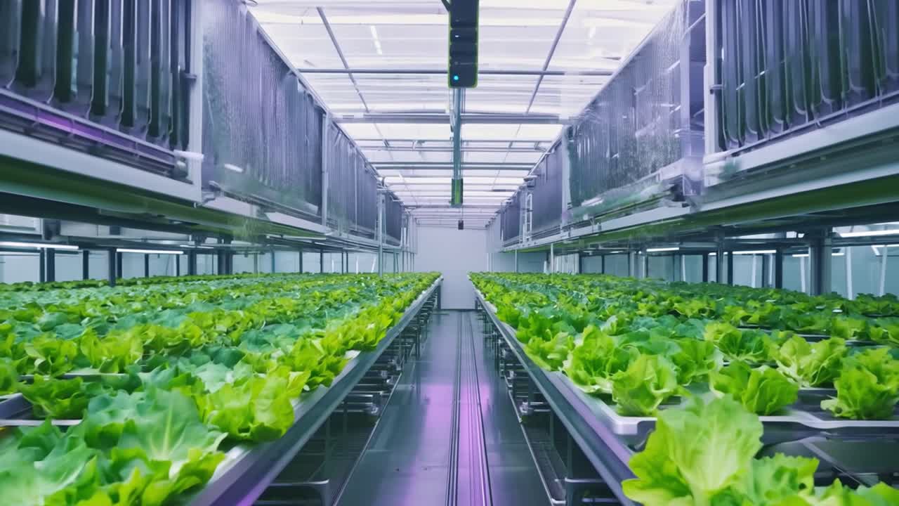 Indoor Vertical Farm with Rows of Lettuce