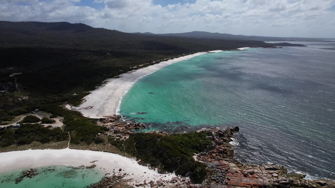 Jeanneret Beach With Turquoise Ocean In Tasmania, Australia - Aerial Pullback