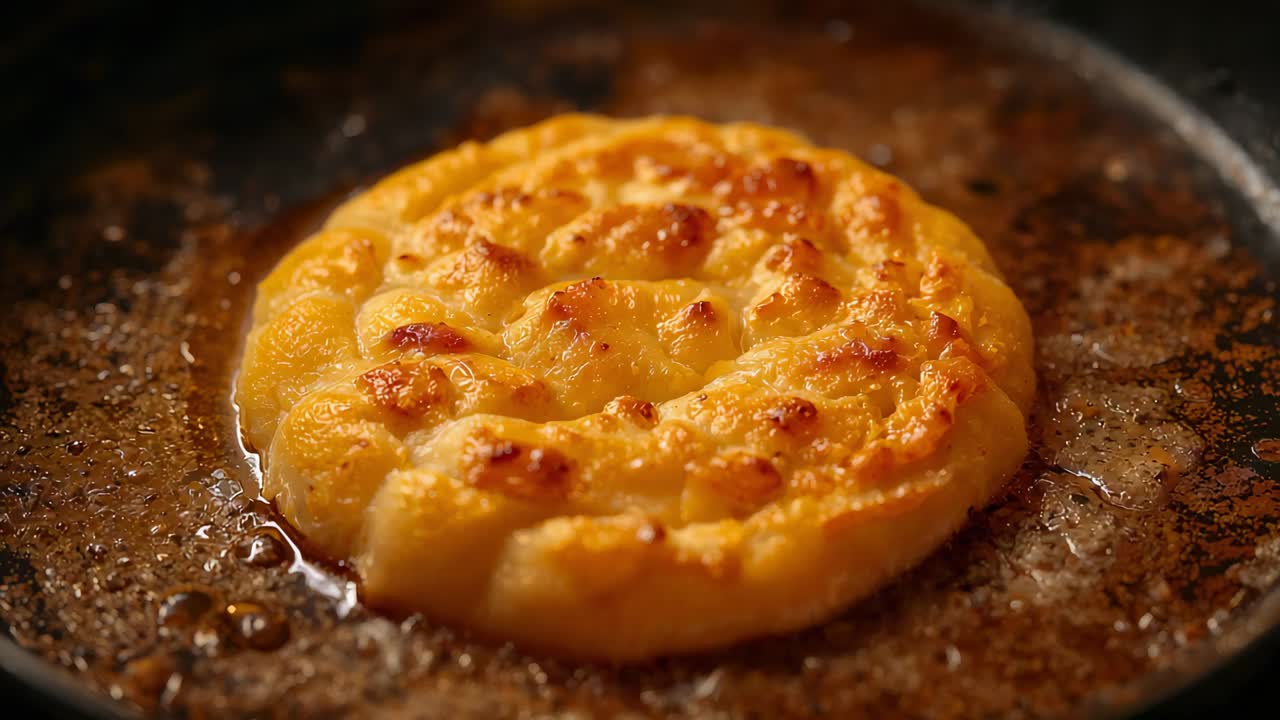 Spirale di patate a tubo sfrigolante che si rosola per il calore della padella in una padella di ghisa, con grasso spumeggiante