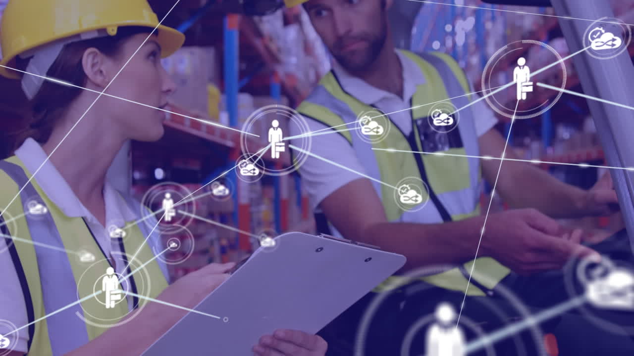 animación de la red de conexiones entre diversas personas que trabajan en el almacén