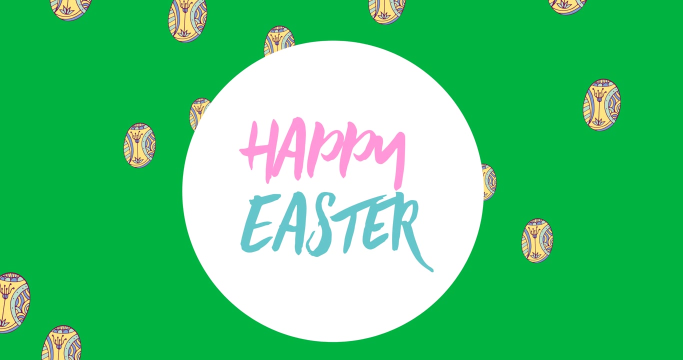 Banner di testo "Buona Pasqua" con icone decorative di uova di Pasqua su sfondo trasparente.