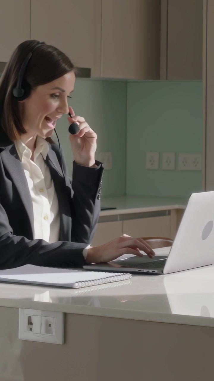 Video vertical: Contestando una llamada, mujer con blazer ajustándose los auriculares y trabajando en una laptop en el mostrador