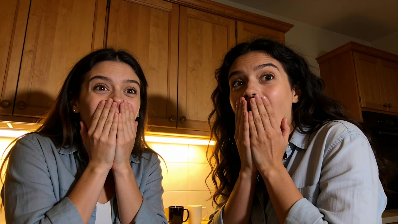 Reacting to off-camera reveal, two women covering mouths at kitchen counter, denim and mug visible