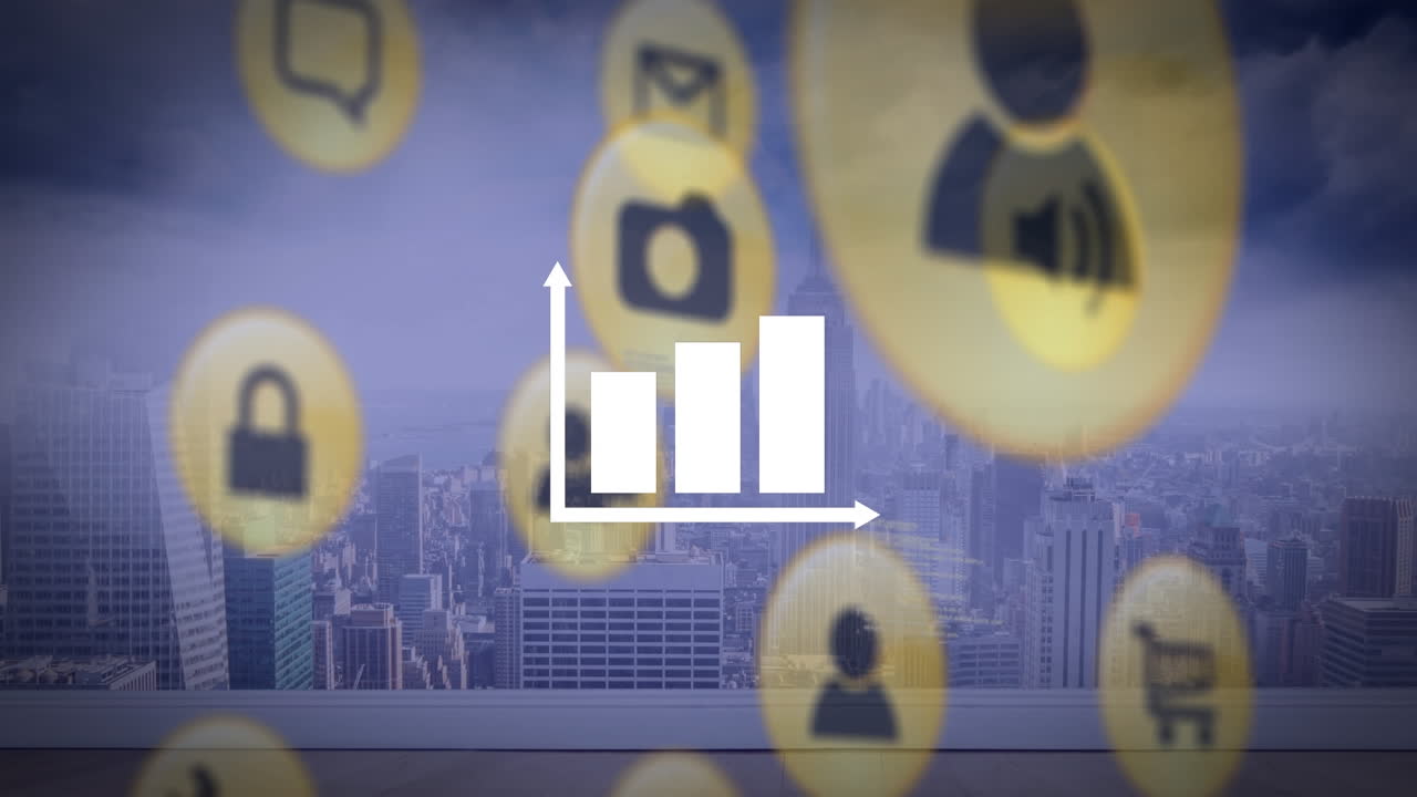 animación de iconos con procesamiento de datos sobre el paisaje urbano