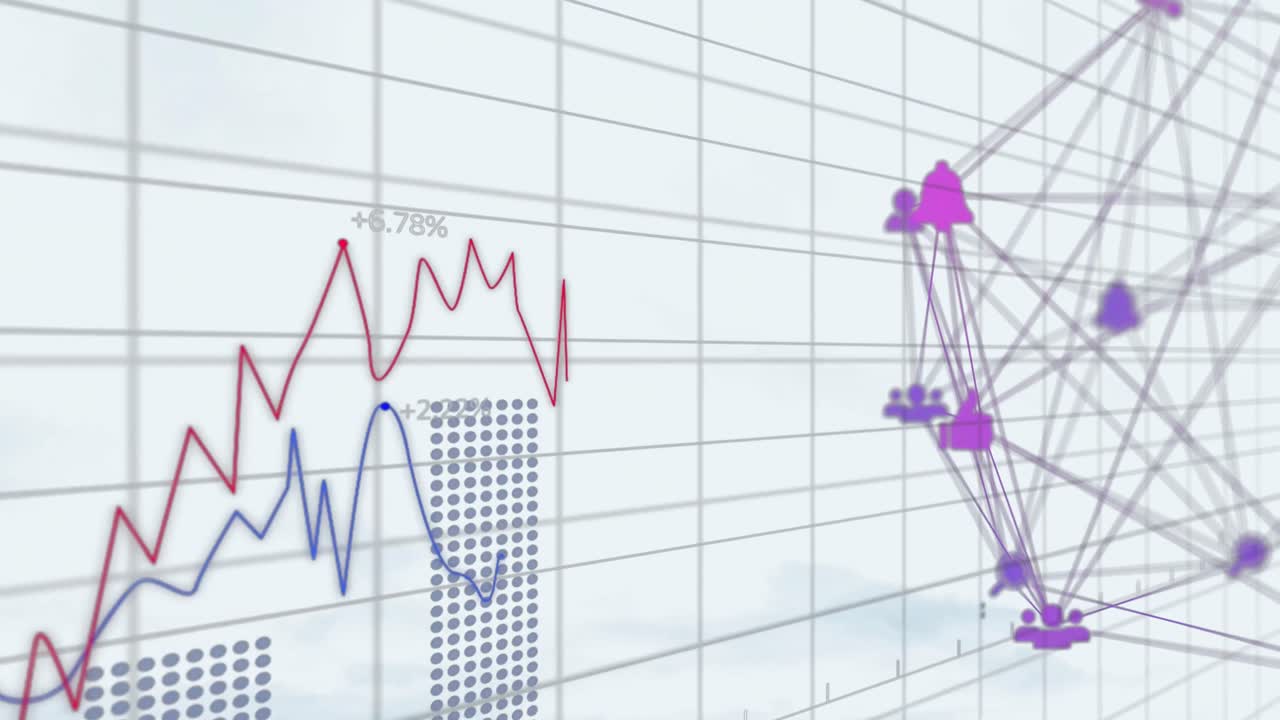 연결된 사람, 종 및 전 세계를 형성하는 아이콘과 같은 그리드에 있는 여러 그래프의 애니메이션