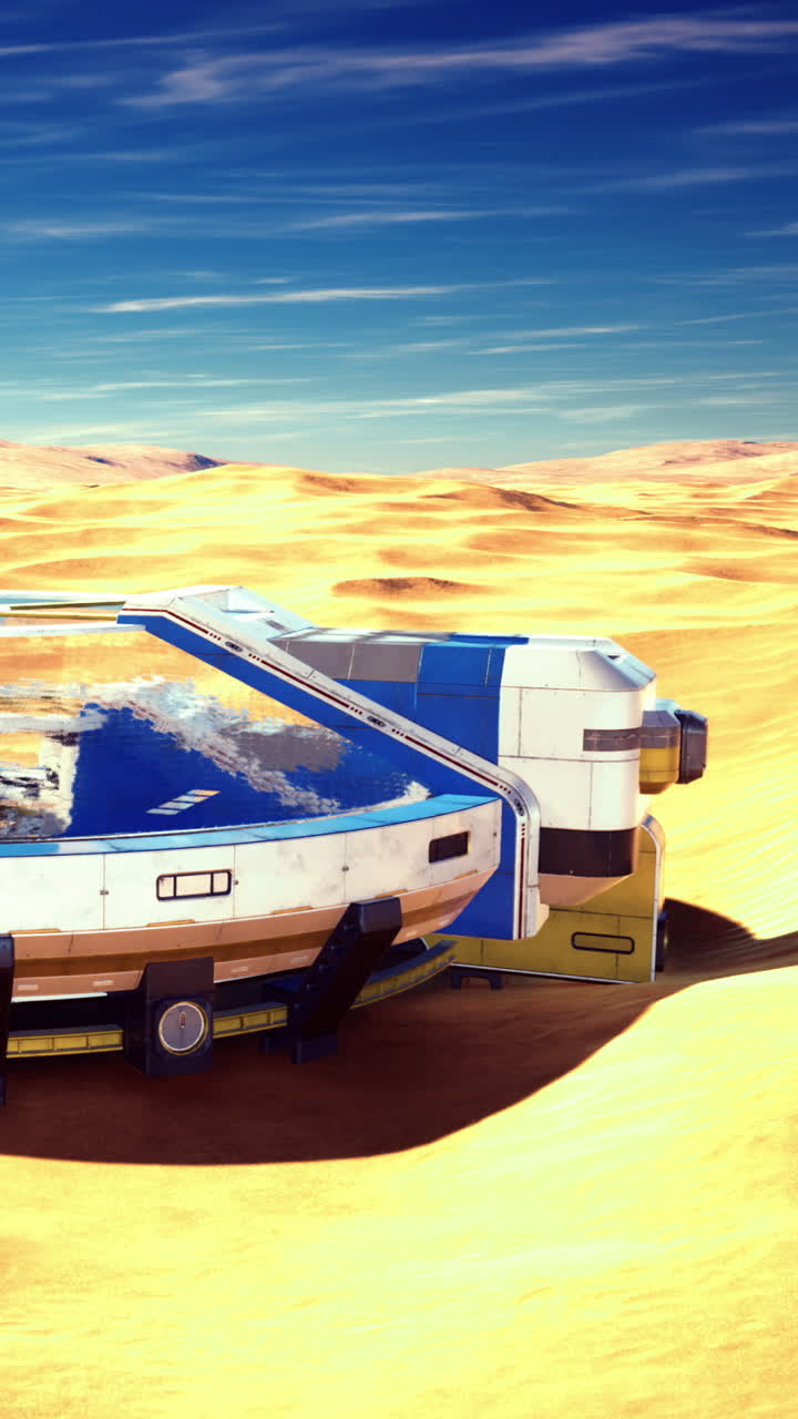 Astronave su un paesaggio desertico con cielo blu e montagne sullo sfondo