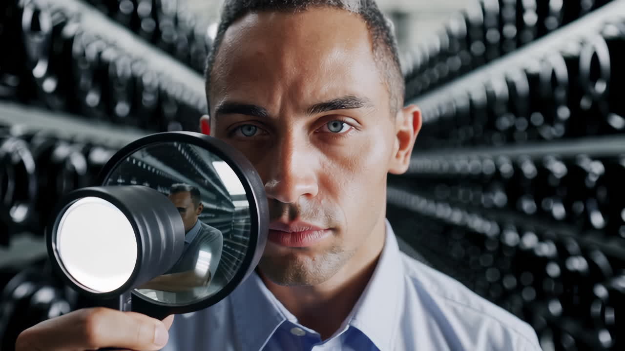 Worker Inspecting Camera Lenses in a Warehouse