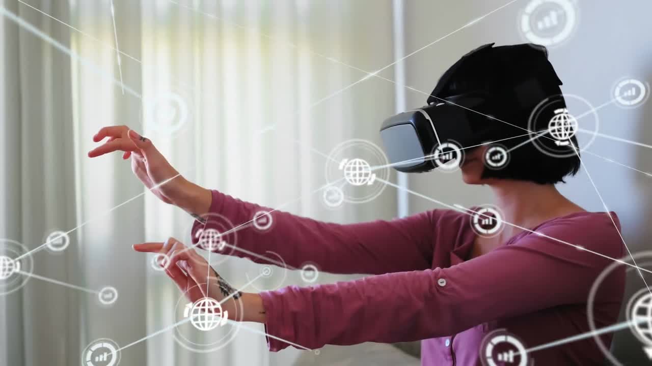 Animation of network of connections with icons over woman wearing vr headset