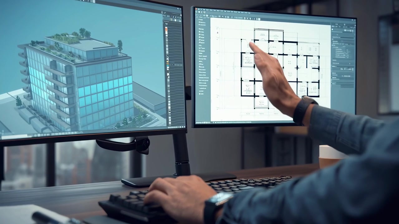 Arquitecto trabajando en el diseño de un edificio usando dos monitores