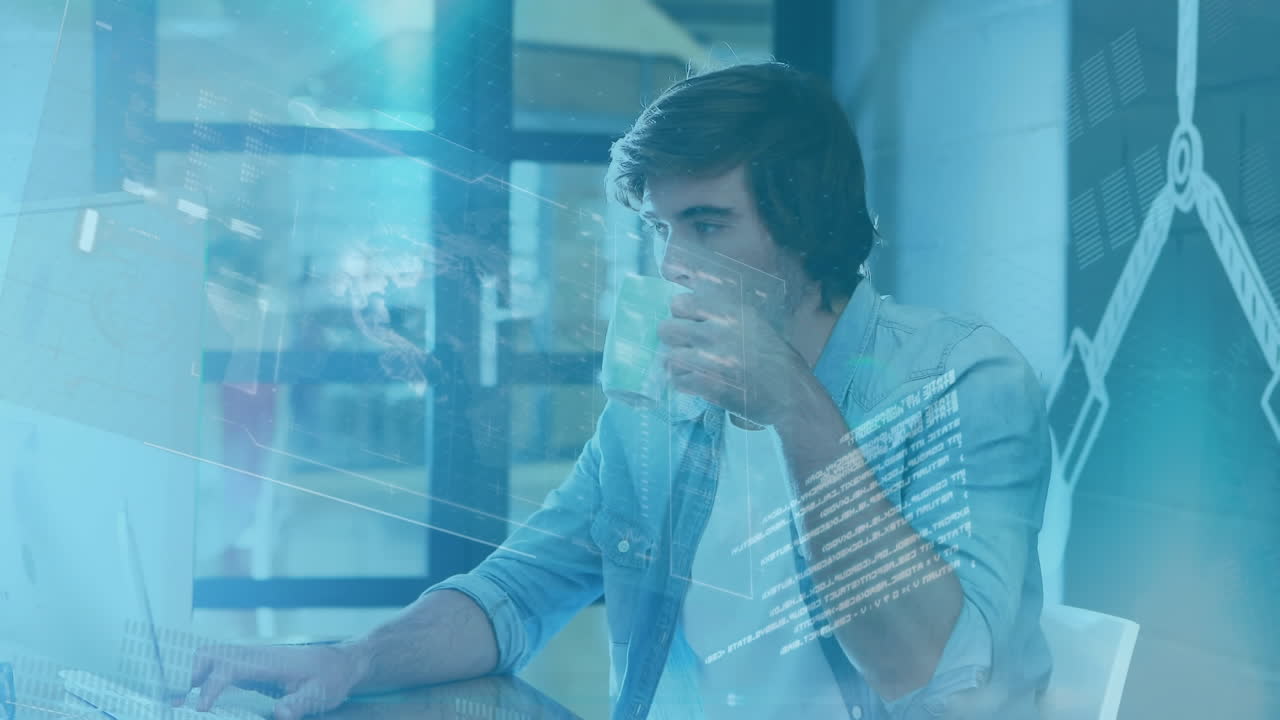 animación del procesamiento de datos financieros sobre el empresario que trabaja en la oficina