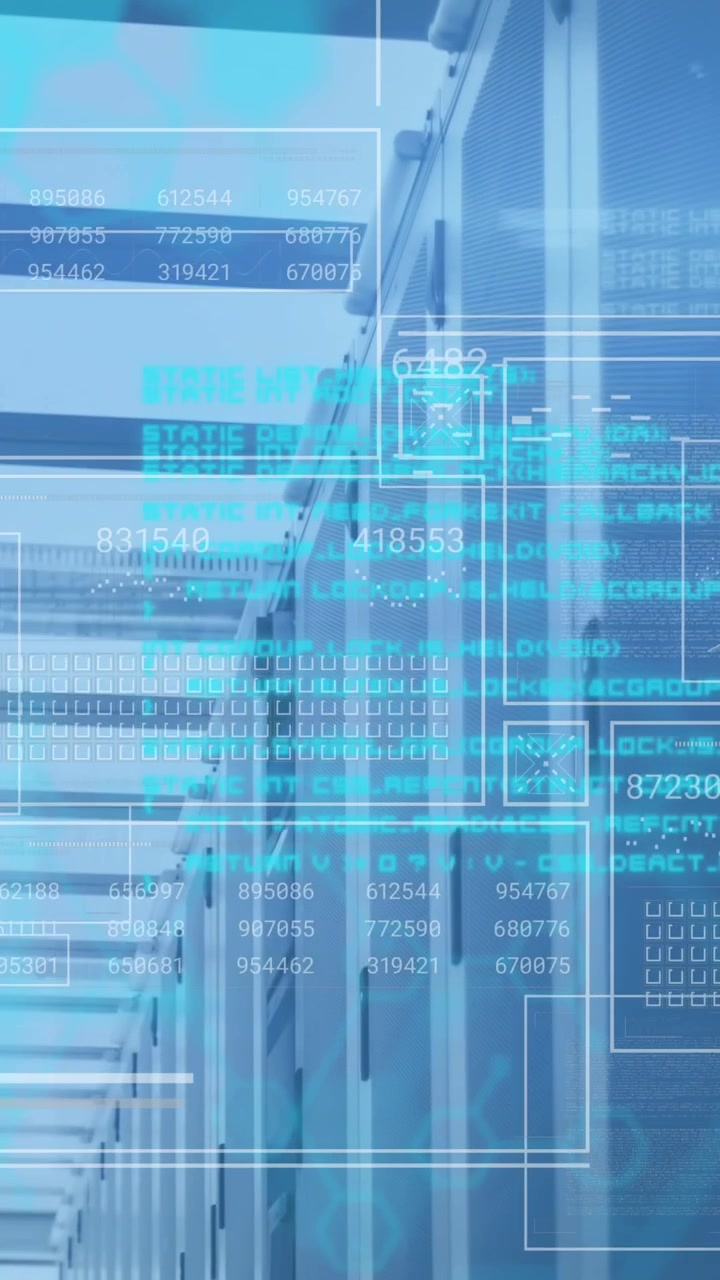 Animation of computer language, graphs, loading bars and circles over data server room
