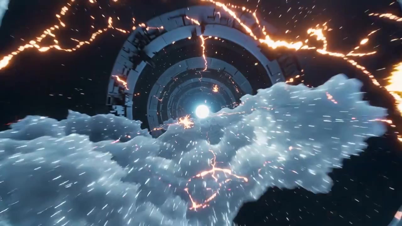 Telecamera che avanza muovendosi attraverso un tunnel a capsula in un condotto con un nucleo pulsante che genera archi e plasma, rivelando.