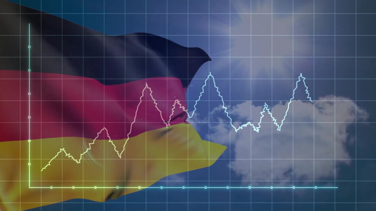 Grid axes over German flag starting yellow sparkline rising and white line extending charting data