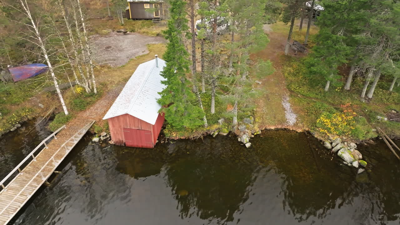 orilla de un lago con un muelle de madera y aguas tranquilas durante el otoño en suecia