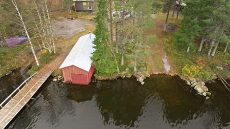 lakeshore with a wooden jetty and calm water during autumn in sweden