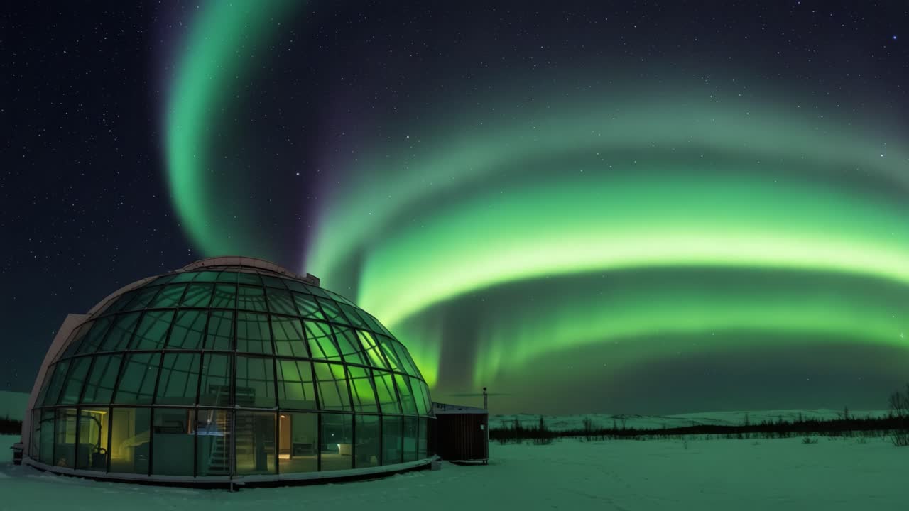 A Captivating Rooftop View of the Dance of the Northern Lights Above a Modern Glass Structure in a Winter Wonderland Setting