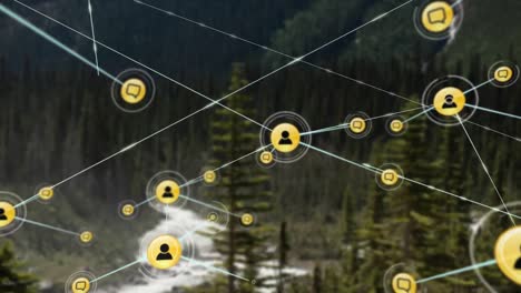 animación de la red de conexiones con las personas iconos sobre el paisaje