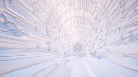 futuristic white tunnel 3d rendered animation. realistic sci fi corridor with volumetric rectangular design elements on walls footage. modern architecture concept. hi tech tube interior video