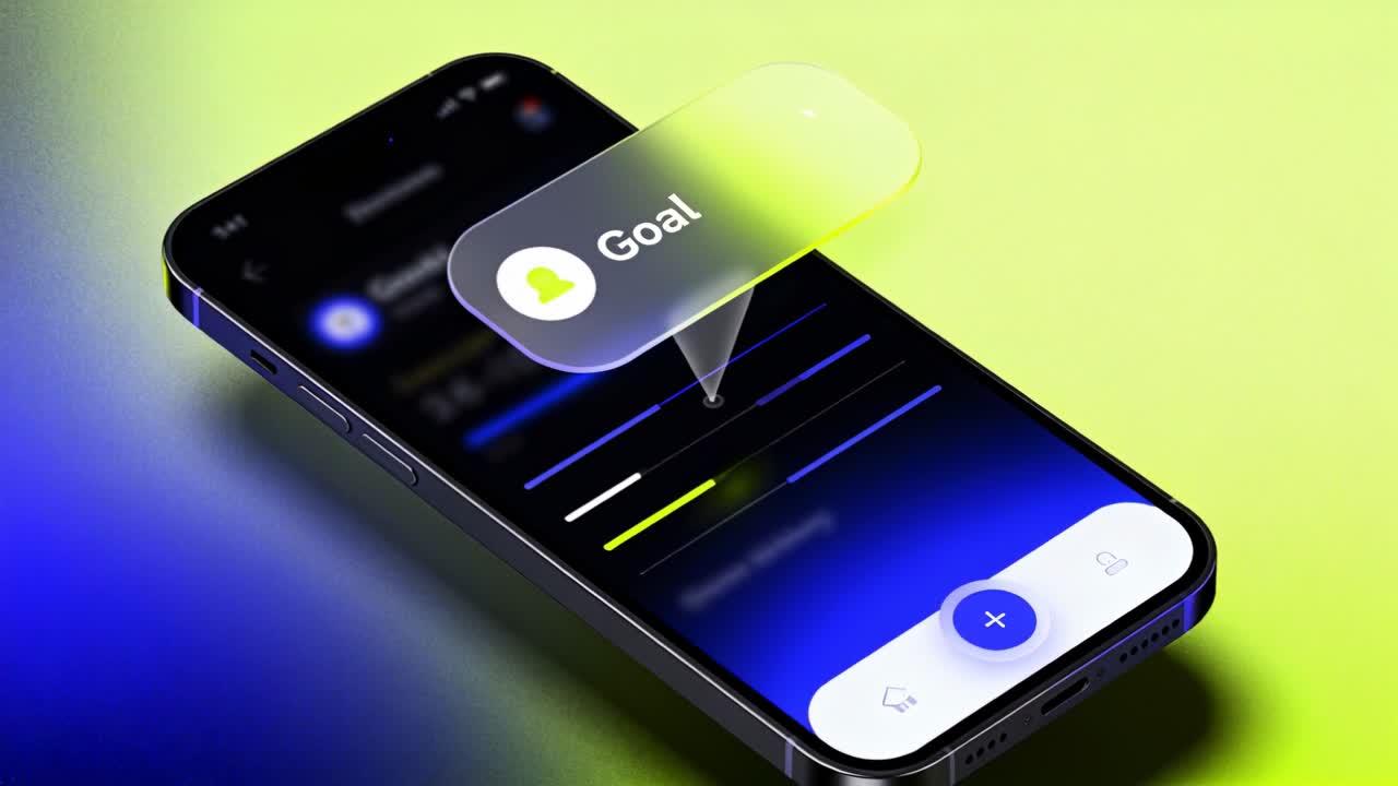 Dica de ferramenta aparecendo, fazendo o telefone destacar o progresso em uma mesa de néon, marcando o sino de Meta e o sinal de mais azul.